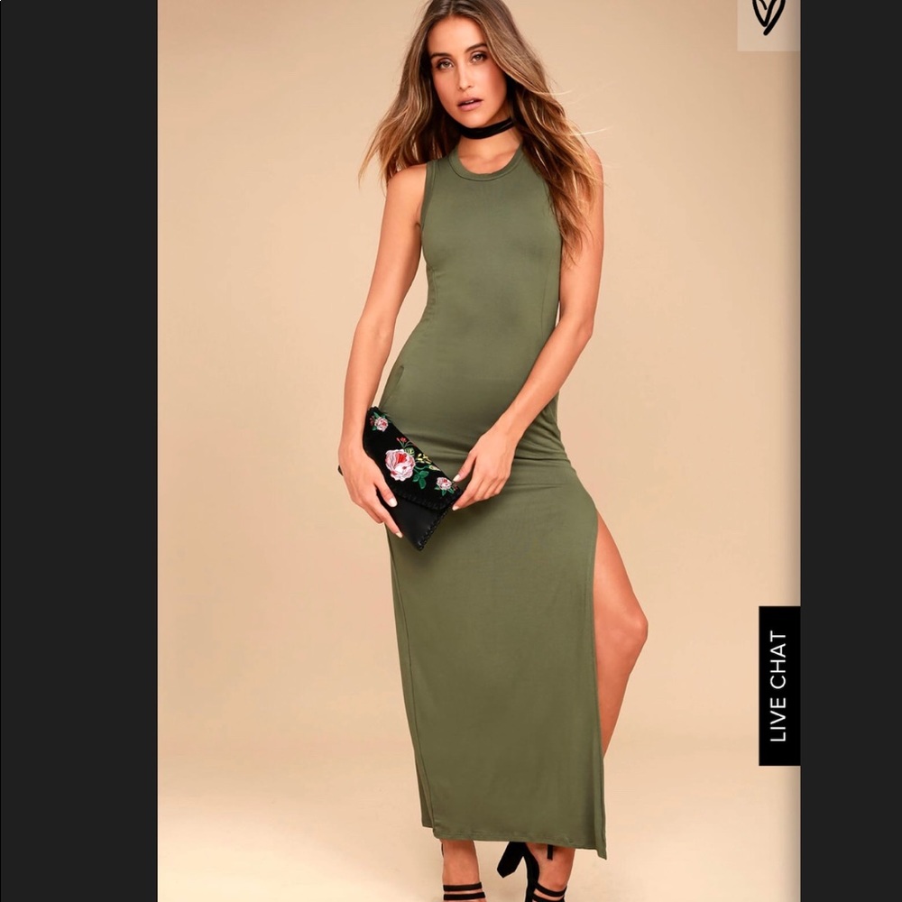 SHIELD AND SWORD OLIVE GREEN SLEEVELESS MAXI DRESS